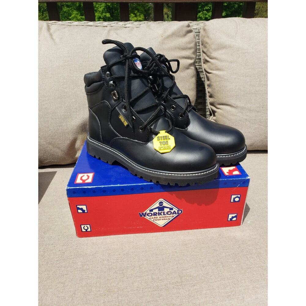 Men's WORKLOAD Steel Toe Boots Roughneck 2 Black Leather Sz 10